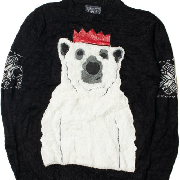 Seasons Greetings Polar Bear Soft Fur Sweater Dark Navy Blue - Picture 2 of 3
